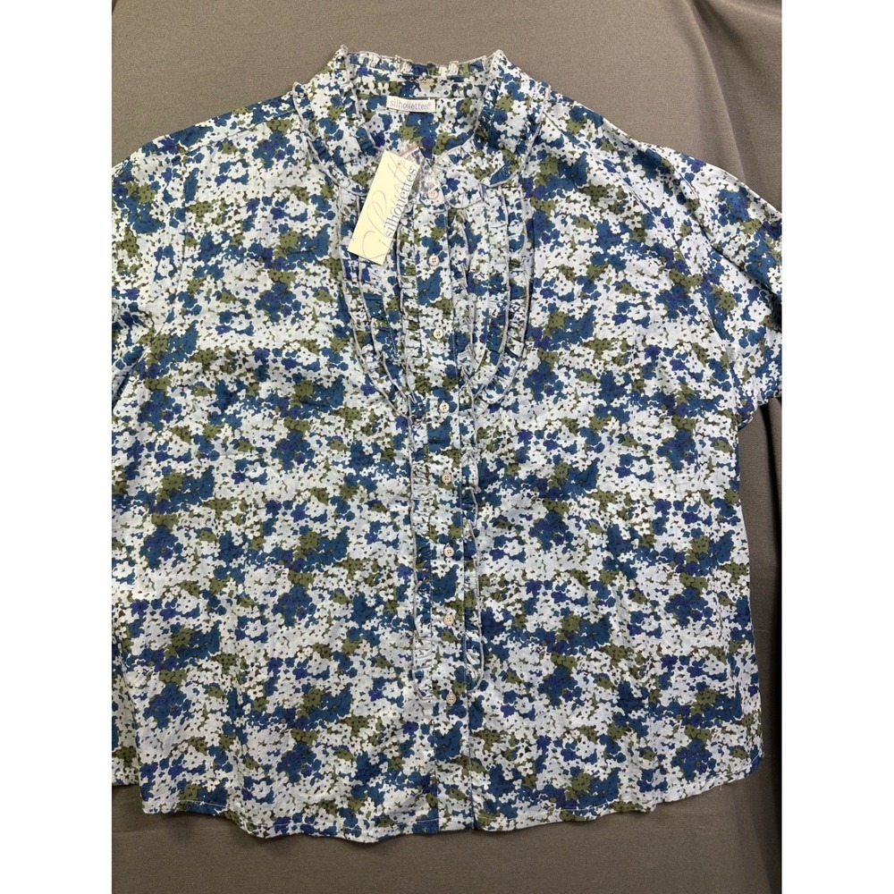 Silhouettes Women's 3X Blue Green Floral‎ Cotton Ruffle Button Up Blouse 509702